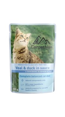 Carpathian Pet Food Veal & Duck Консерва для кішок з телятиною та качкою в соусі, 100 г 141364 фото