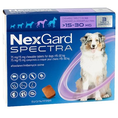 NexGard Spectra таблетки від бліх, кліщів, гельмінтів для собак 15-30кг 1 таблетка 53779 фото