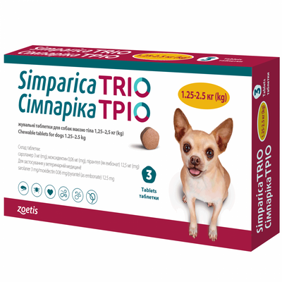 Simparica Trio Таблетки для собак від бліх, кліщів і глистів 1,25 -2,5 кг 1 таблетка ZOE05563 фото