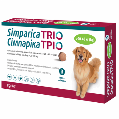 Simparica Trio Таблетки для собак від бліх, кліщів і глистів 20 - 40 кг 1 таблетка ZOE05567 фото